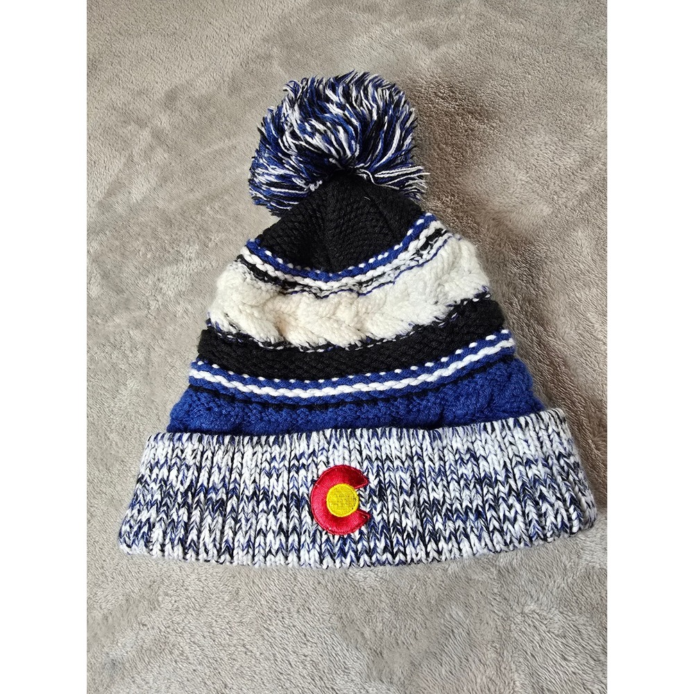 Sport Tek Colorado Pom Beanie Knit‎ Hat Striped Winter Ski Snow Blue White